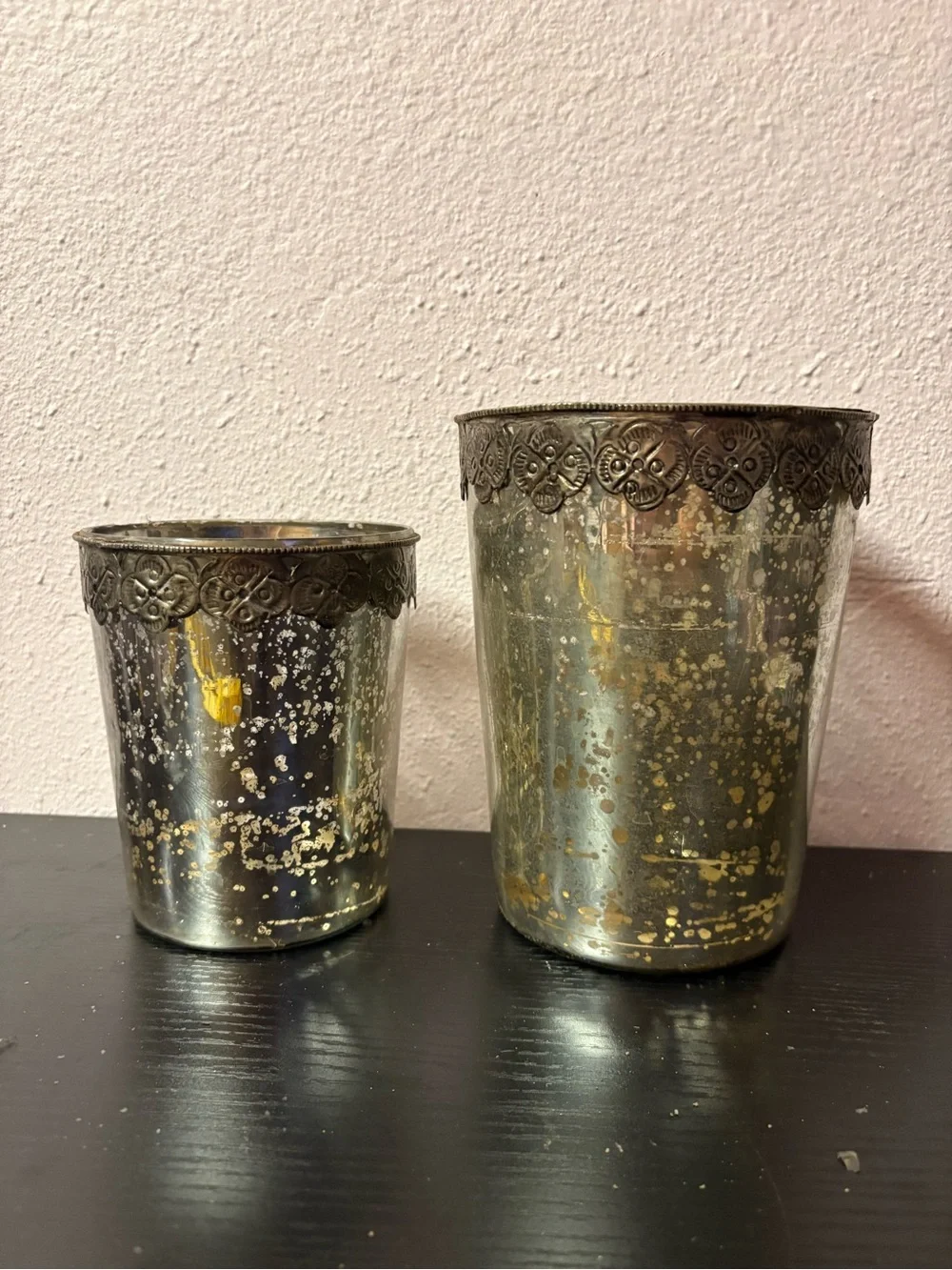 Set of 2 Mercury Glass Decorative Candle Holders Vintage Silver Votives
